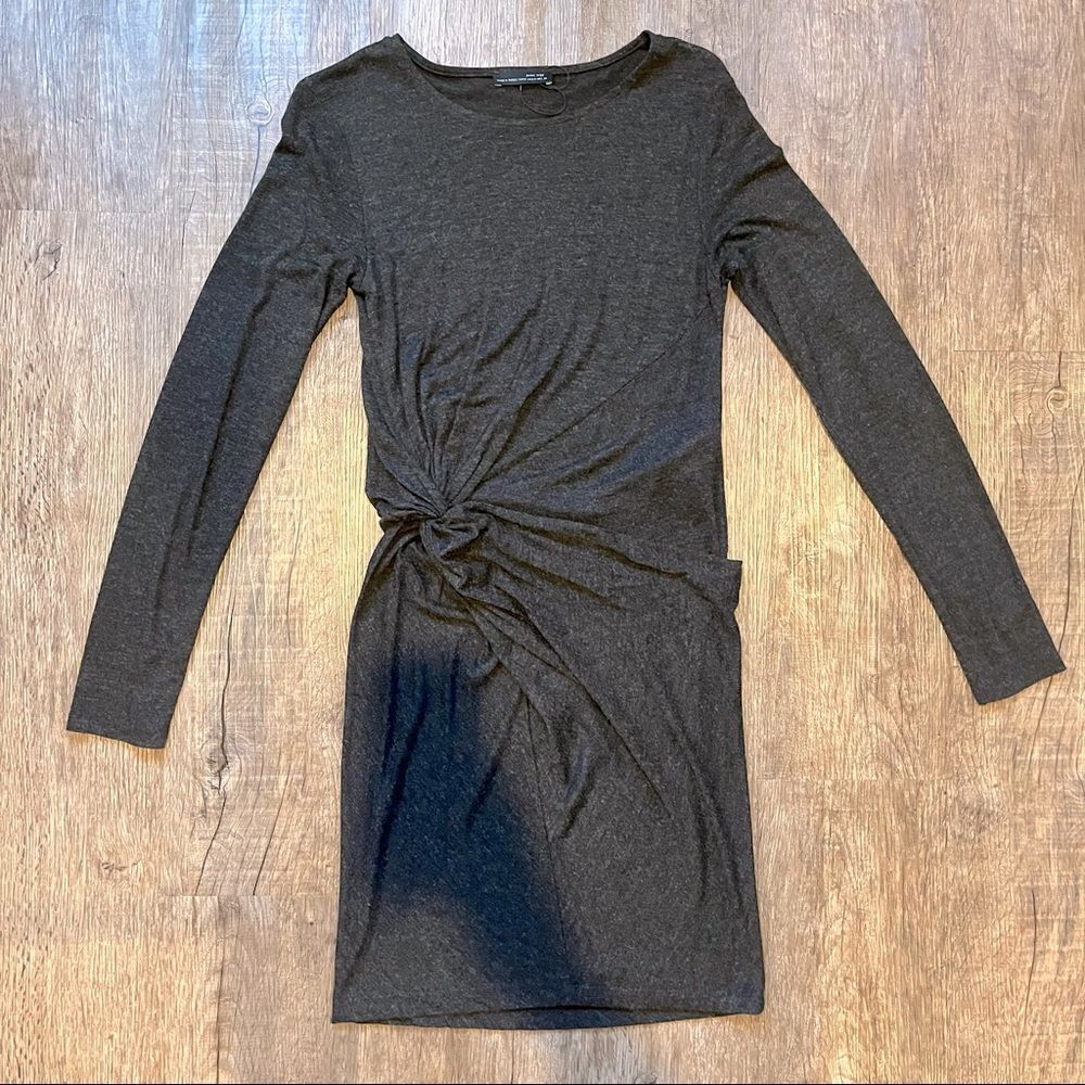 Zara Heather Gray Fitted Long Sleeve Jersey Dress with knotted Waist Detail - M